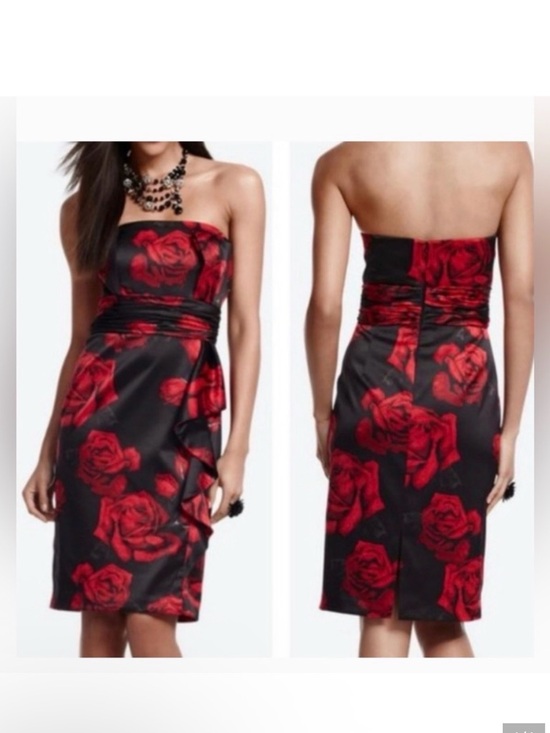 White House Black Market Dresses & Skirts - White House Black Market Black Strapless Dress with Red Rose Print